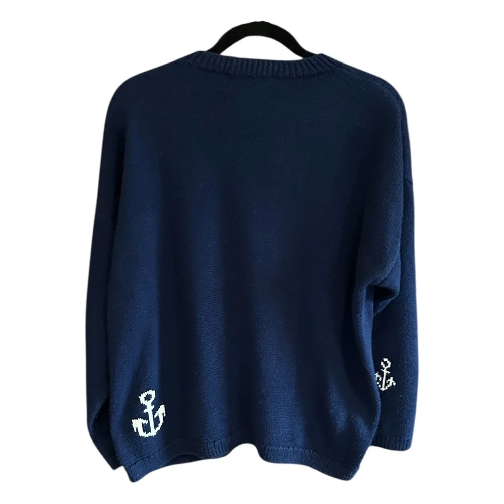 VINTAGE 90s MISO: Healthy to Wear Cotton Nautical Cardigan Sweater Navy M-L - Picture 2 of 9
